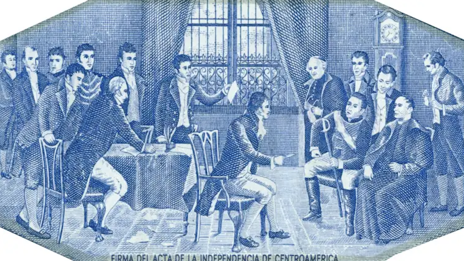  Fotografía: Prensa Libre. Representación de la firma del acta de la independencia. En el acto a puerta cerrada participan únicamente hombres. No hay mujeres ni representantes de pueblos originarios. 